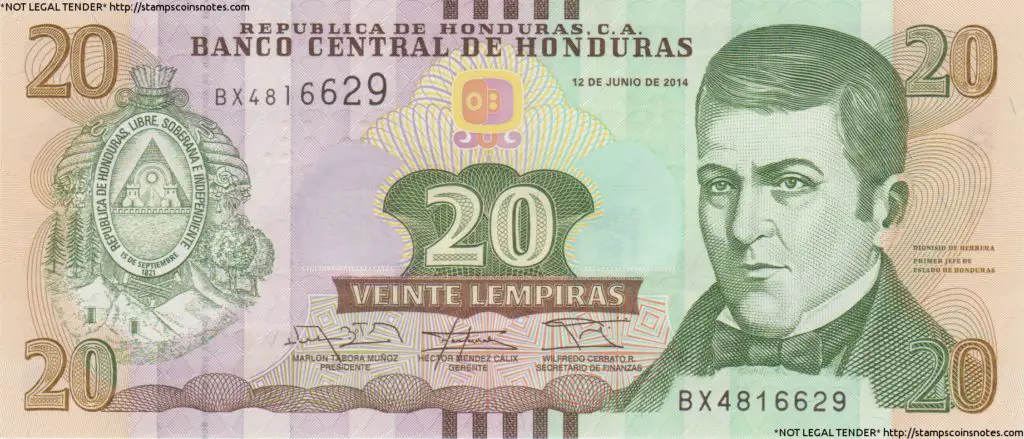 Honduras 20 Lempira Bank Note from 2014