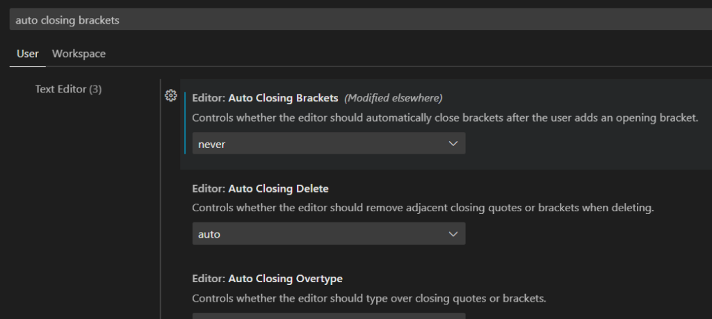 Auto Closing Brackets Setting